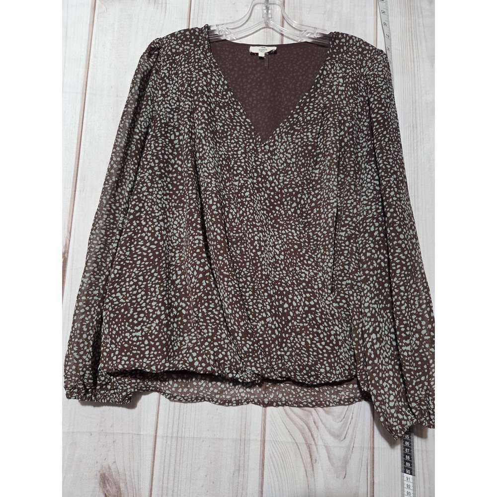 Entro Blouse Womens Small Brown Blue Chiffon V-Neck Long Sleeve Lined Dot Print
